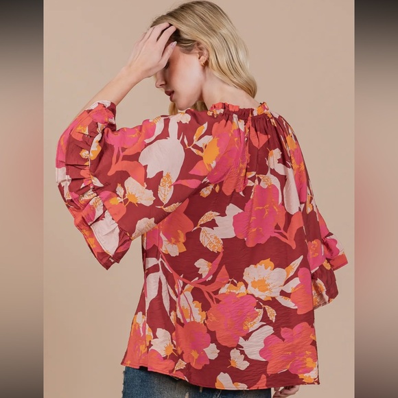 Boho Floral Print Split Mock Neck Blouse - Picture 5 of 5